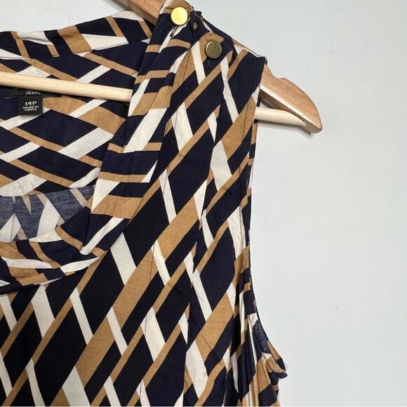 Ann Taylor Petites Womens Size 14P Tan Blue Geometric Print Asymmetrical Blouse - Picture 4 of 10